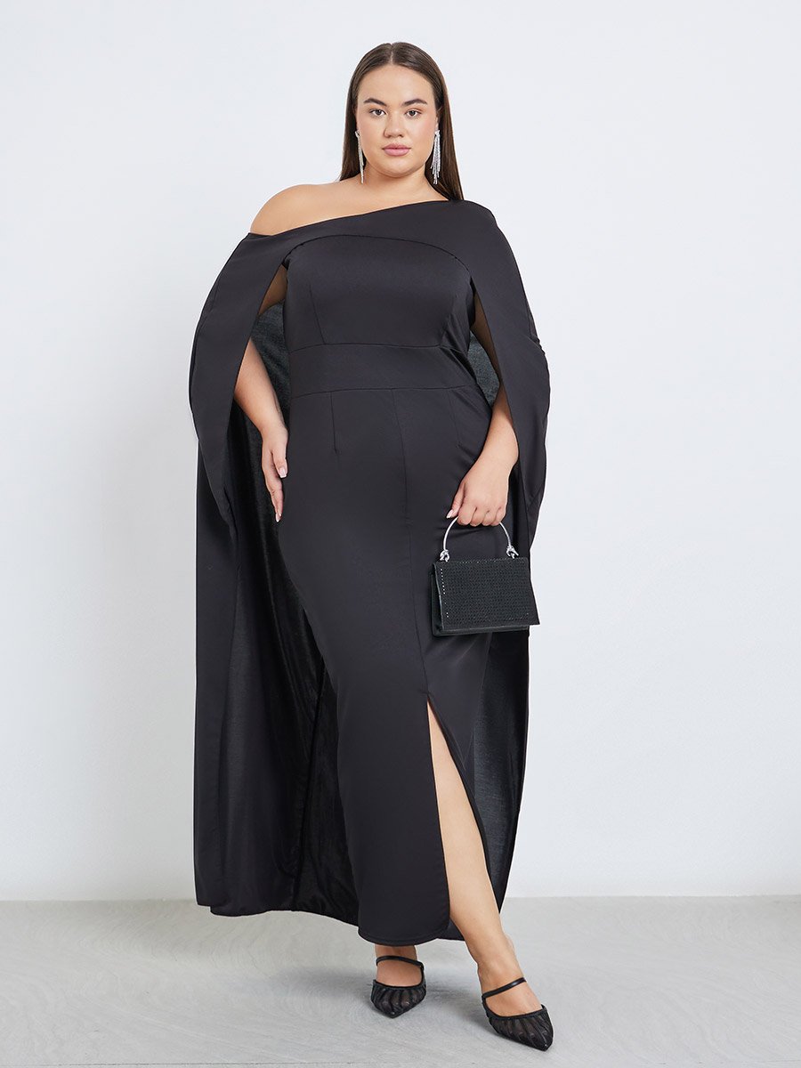 Plus Cape Sleeve Maxi Dress with Front Slit