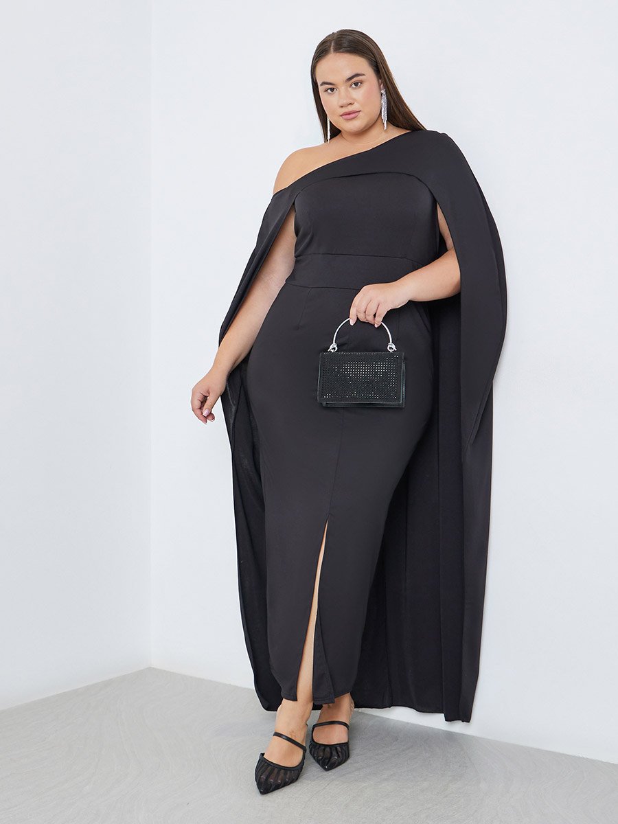 Plus Cape Sleeve Maxi Dress with Front Slit