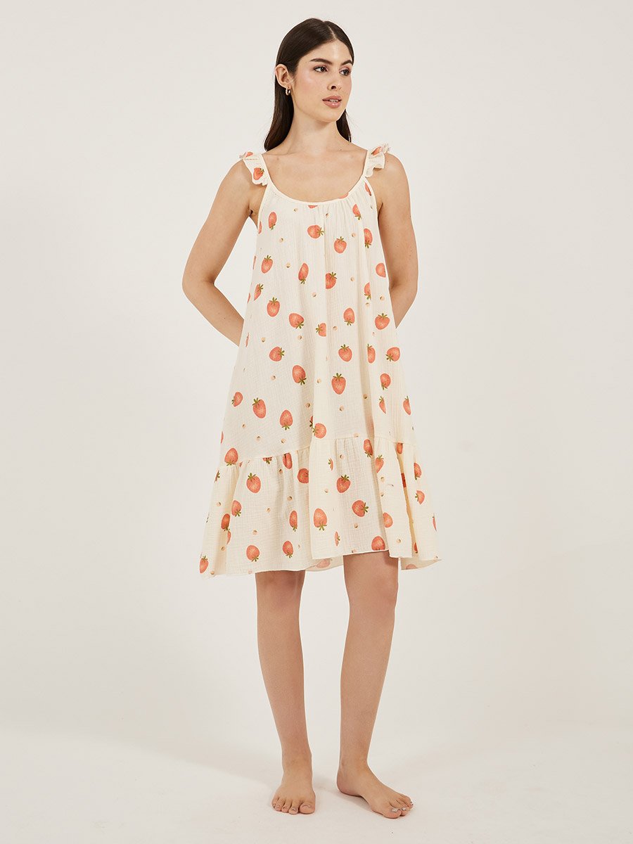 Strawberry Print Ruffled Trim Cotton Slip Dress For Women at Kuwait | Styli Strawberry Print Ruffled Trim Cotton Slip Dress For Women at Kuwait | Styli