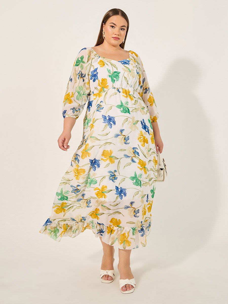 Plus Size Floral Print Sweetheart Neck A-Line Maxi Dress