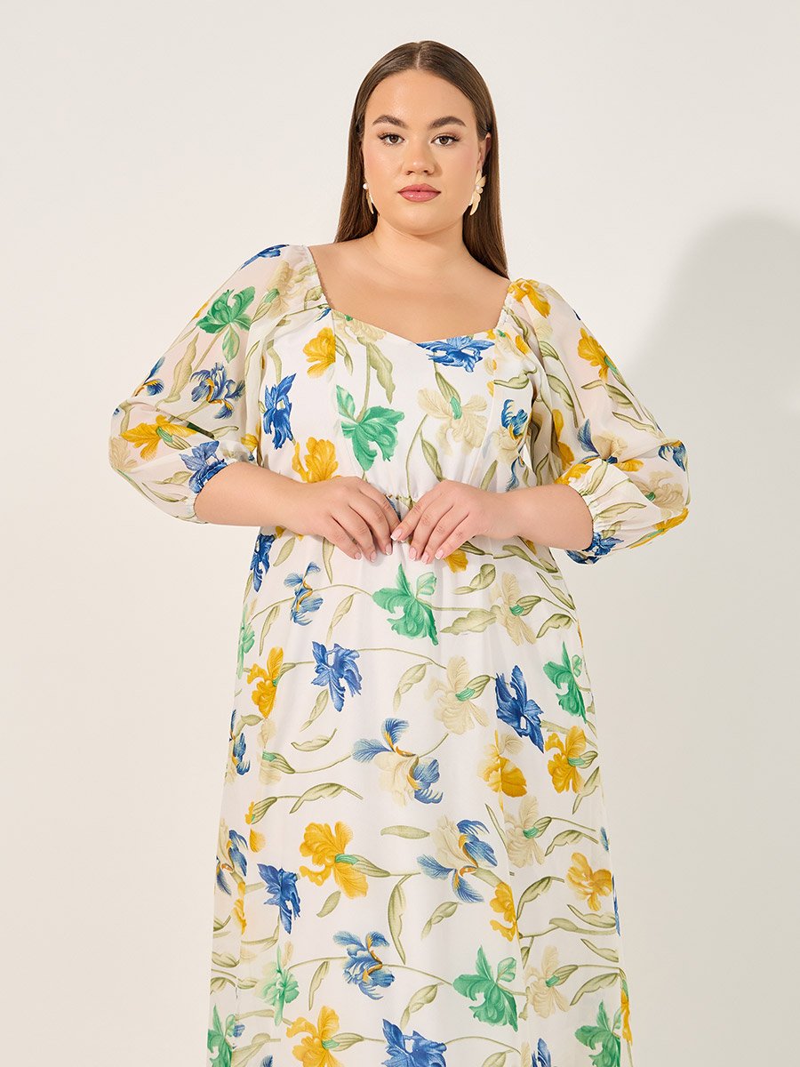 Plus Size Floral Print Sweetheart Neck A-Line Maxi Dress
