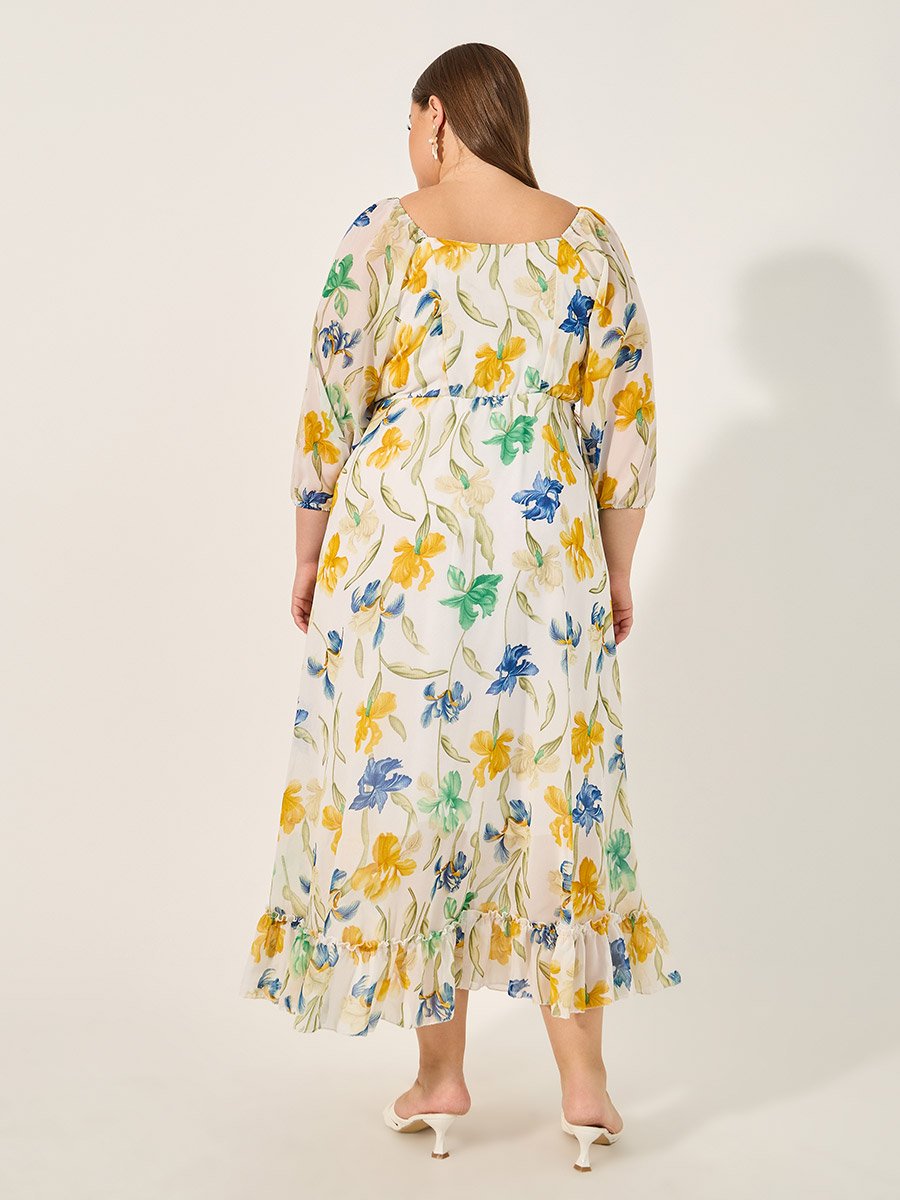 Plus Size Floral Print Sweetheart Neck A-Line Maxi Dress