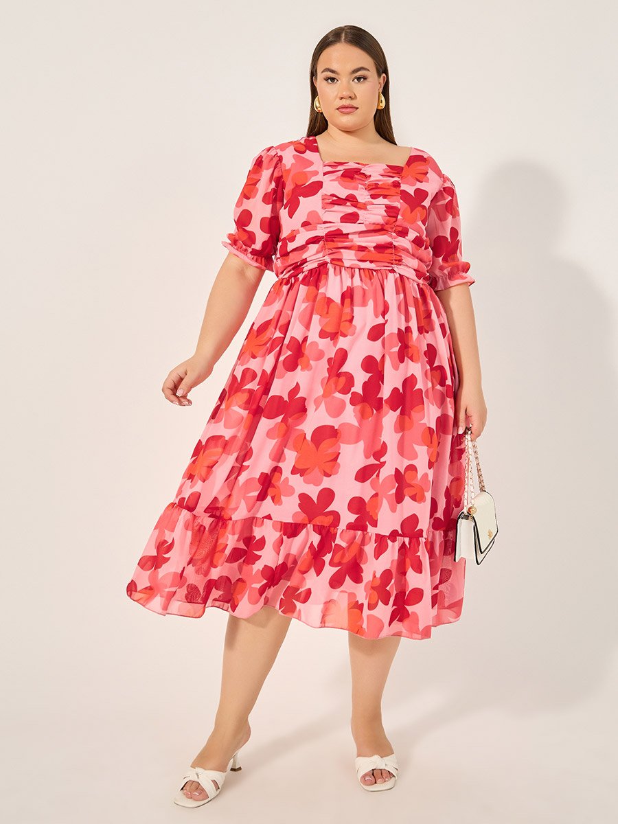 Plus Size Floral Print Ruched A-Line Midi Dress For Women at Kuwait | Styli