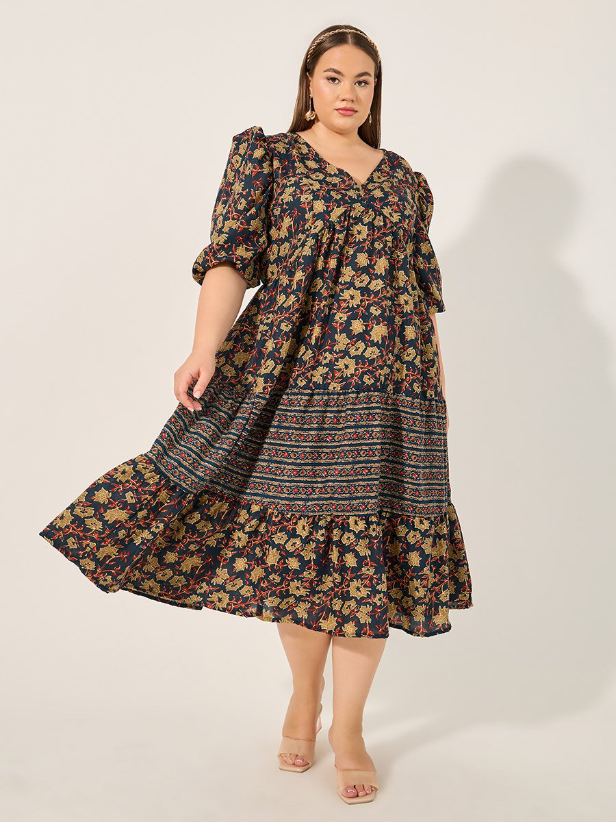 Plus Size Floral Print V Neck Tiered Midi Dress