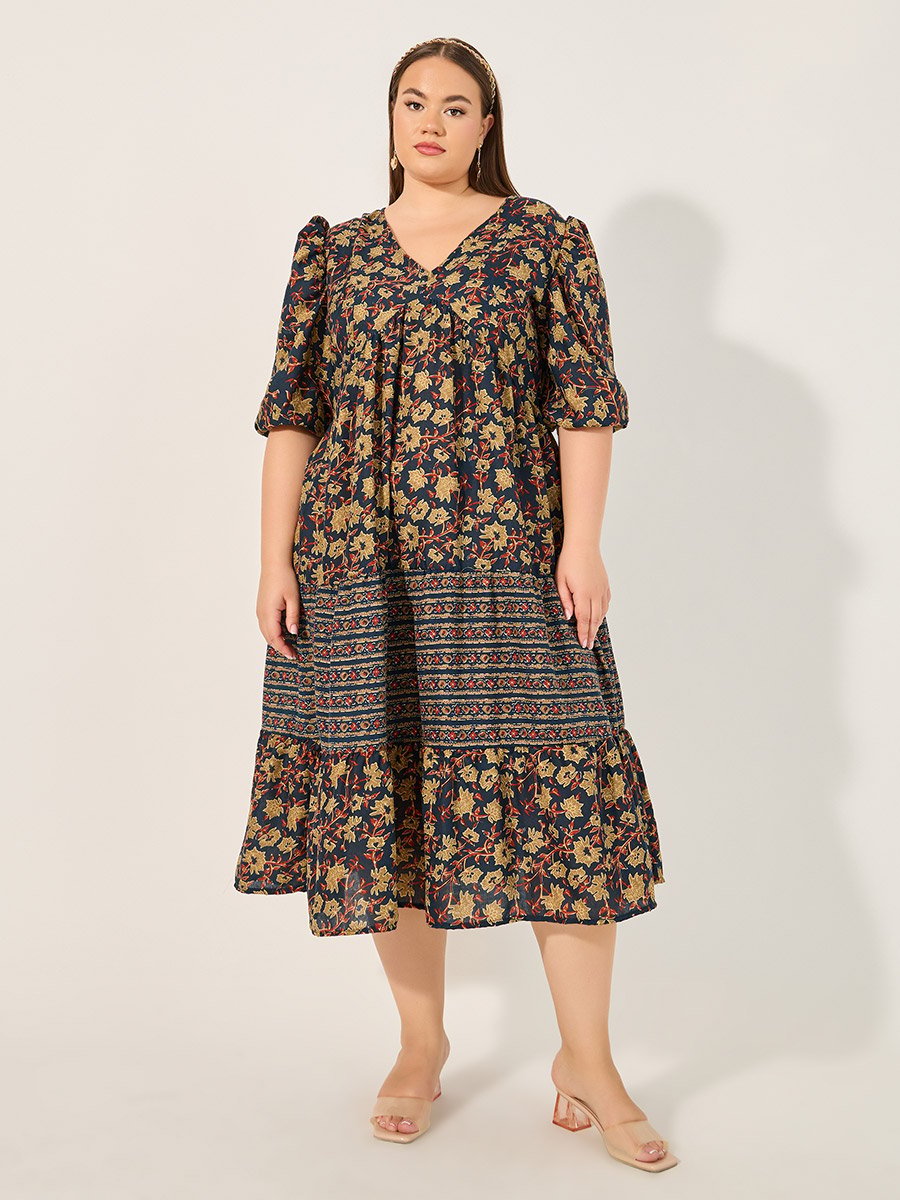 Plus Size Floral Print V Neck Tiered Midi Dress