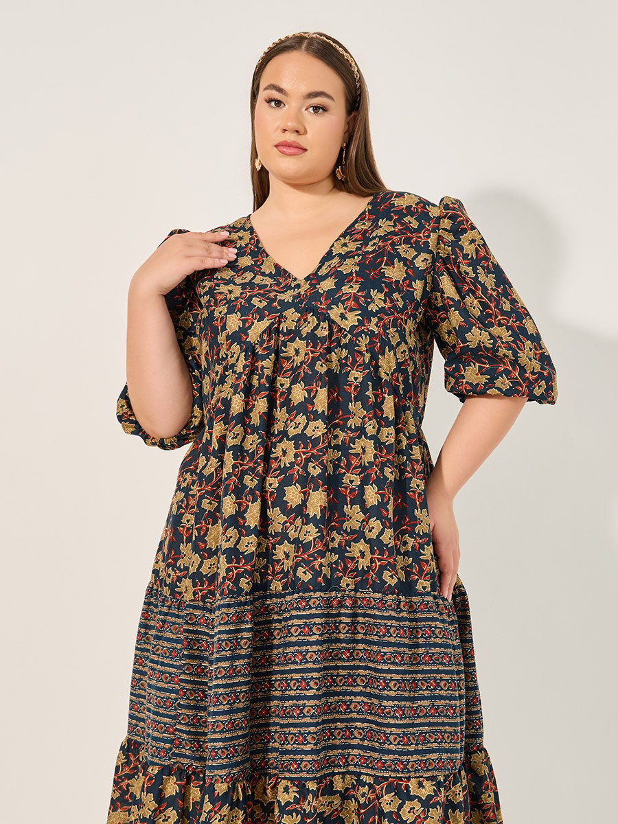 Plus Size Floral Print V Neck Tiered Midi Dress
