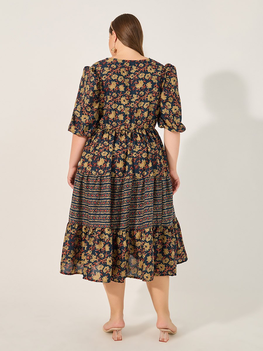 Plus Size Floral Print V Neck Tiered Midi Dress