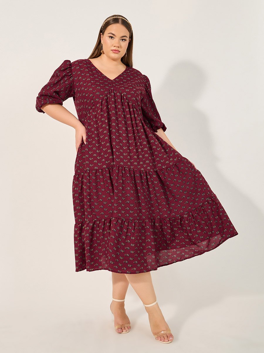 Plus Size Floral Print V Neck Tiered Midi Dress