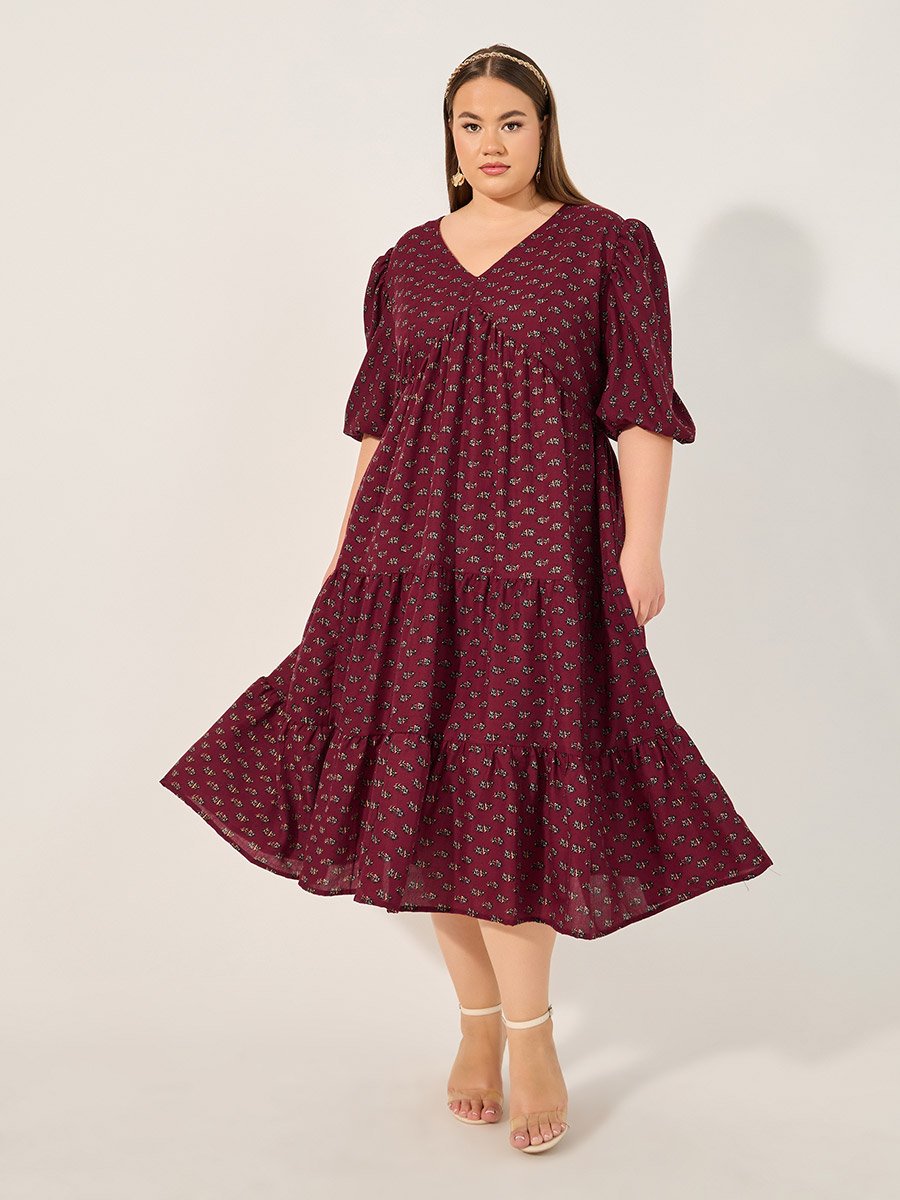 Plus Size Floral Print V Neck Tiered Midi Dress