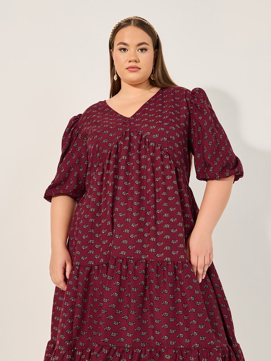 Plus Size Floral Print V Neck Tiered Midi Dress
