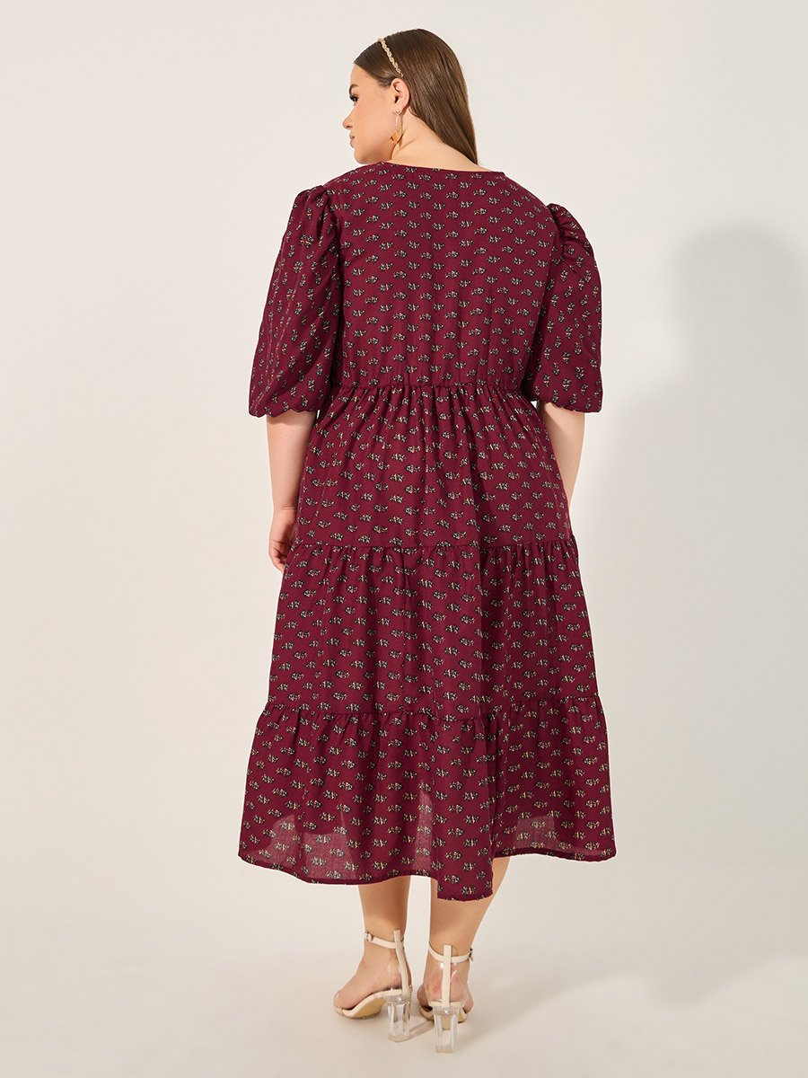 Plus Size Floral Print V Neck Tiered Midi Dress