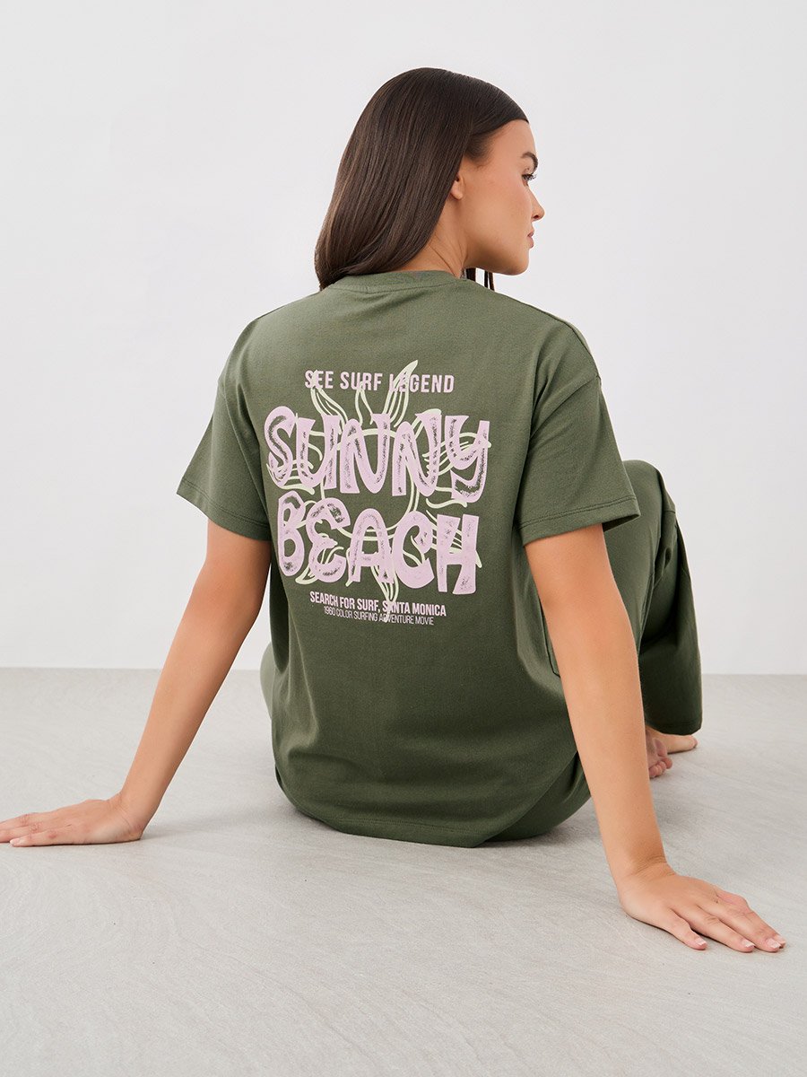 Beach Graphic Pocket Dropped Shoulder T-Shirt and Straight Pyjama Set