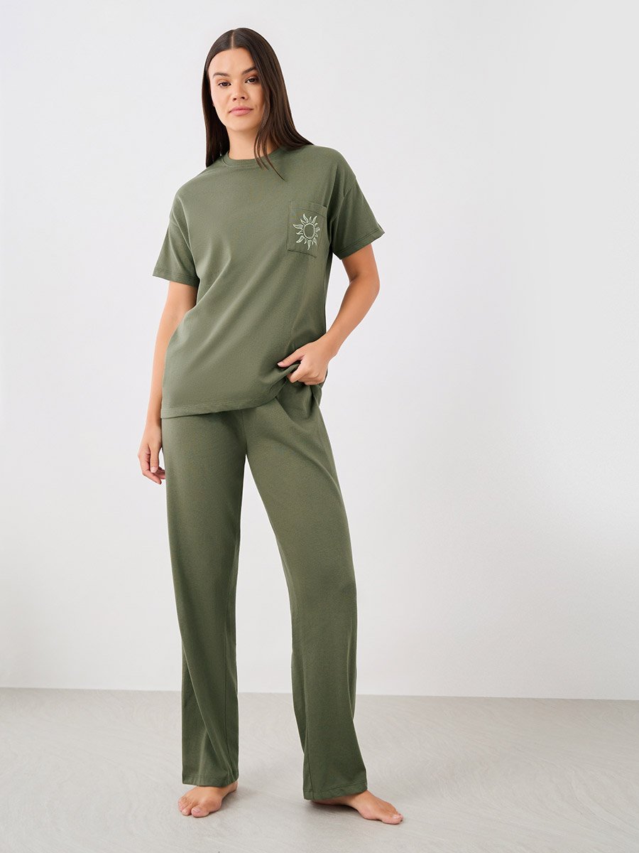 Beach Graphic Pocket Dropped Shoulder T-Shirt and Straight Pyjama Set