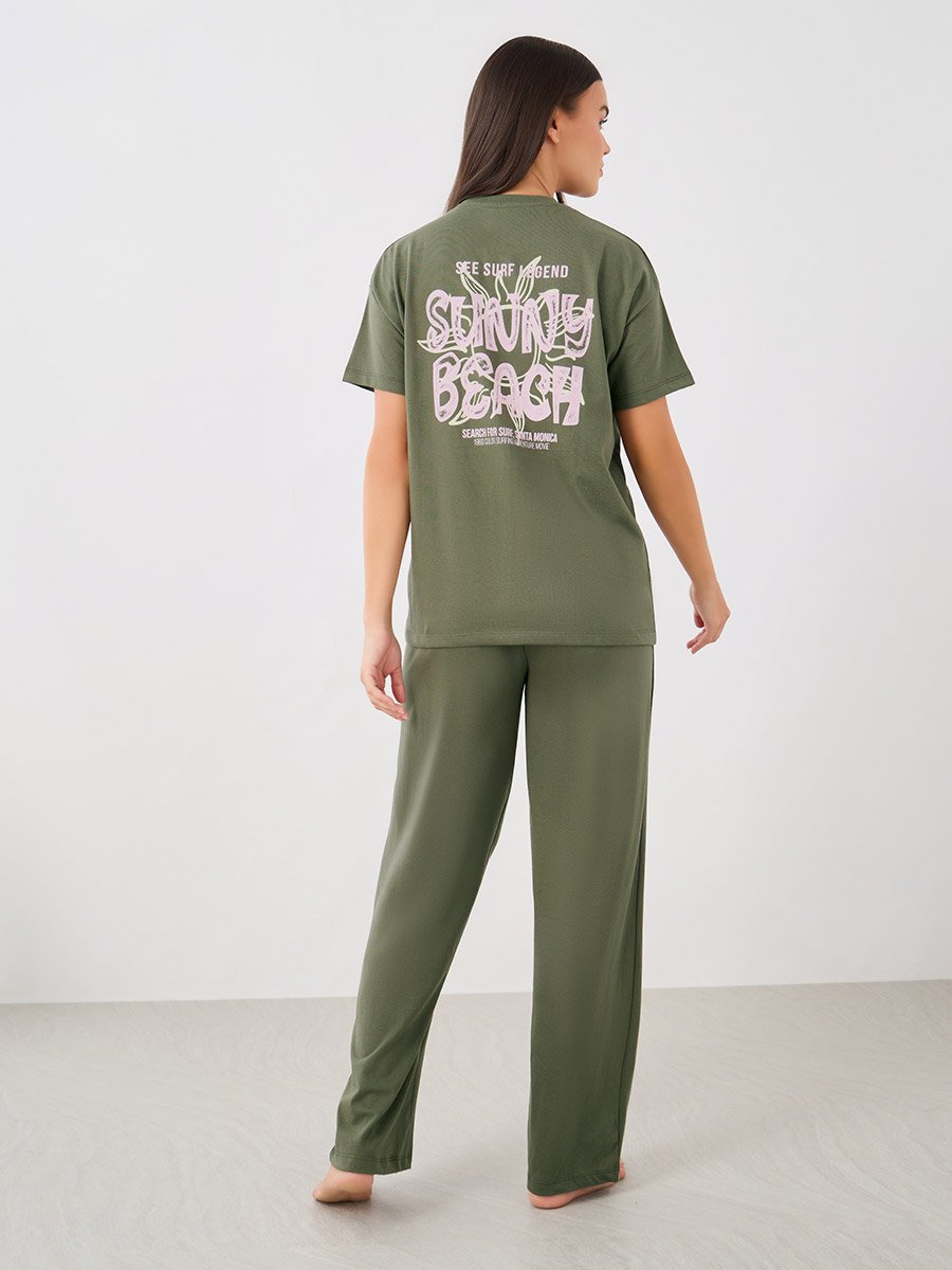Beach Graphic Pocket Dropped Shoulder T-Shirt and Straight Pyjama Set