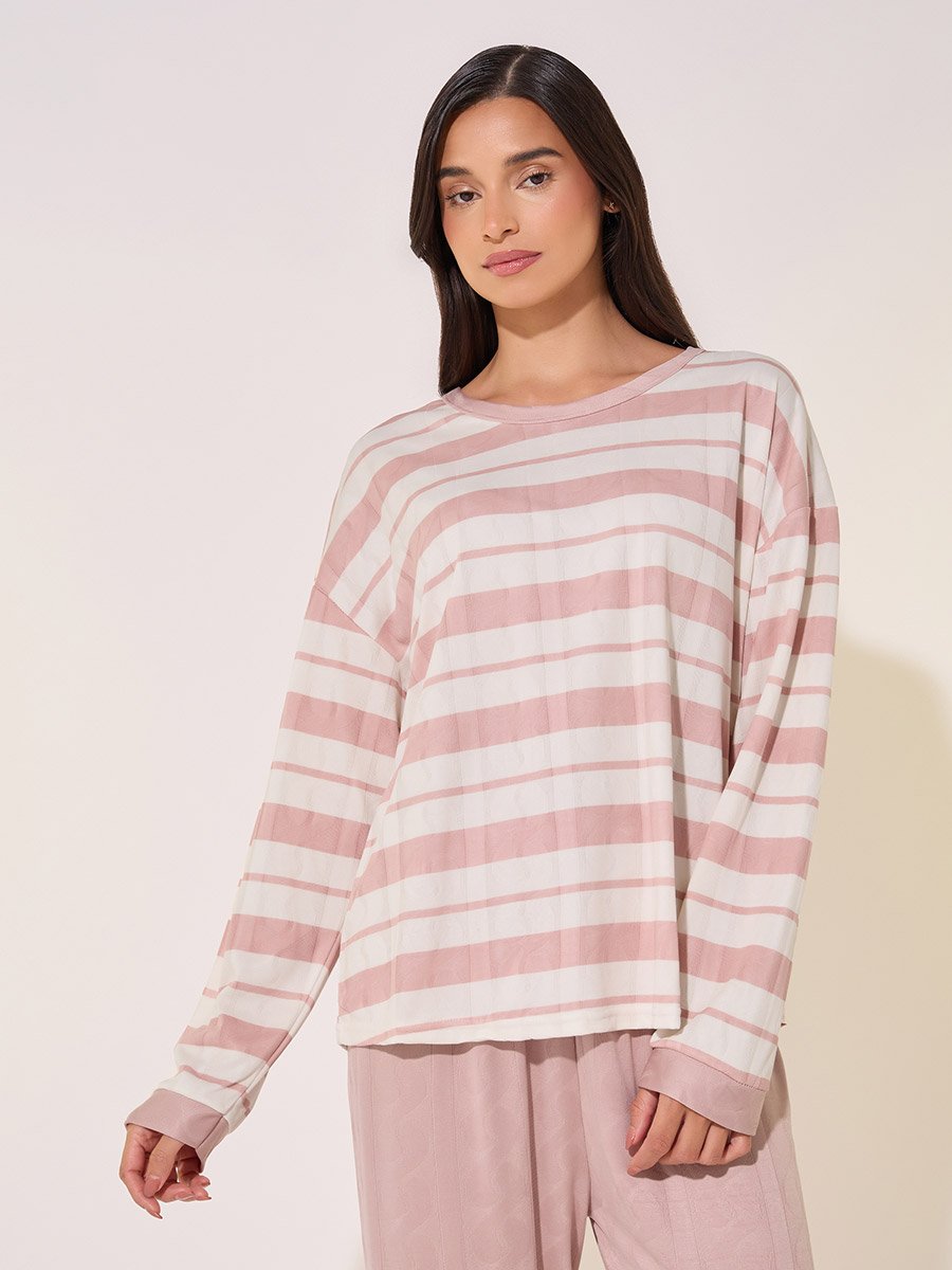 Texture Striped Round Neck T-Shirt and Pyjama Set
