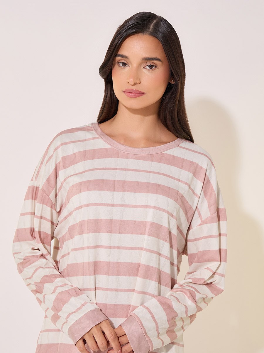 Texture Striped Round Neck T-Shirt and Pyjama Set
