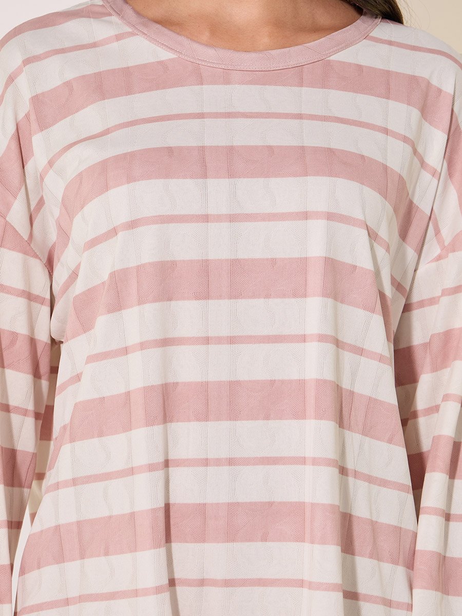 Texture Striped Round Neck T-Shirt and Pyjama Set