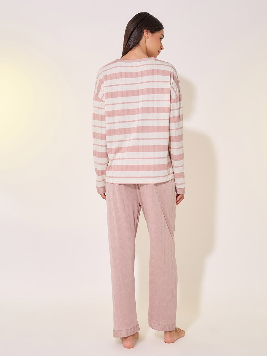 Texture Striped Round Neck T-Shirt and Pyjama Set