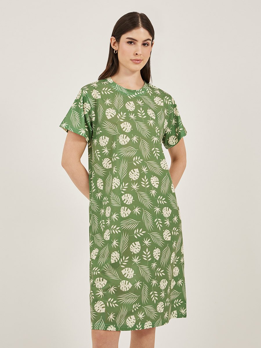 Leaf Printed Dropped Shoulder Sleep T-Shirt