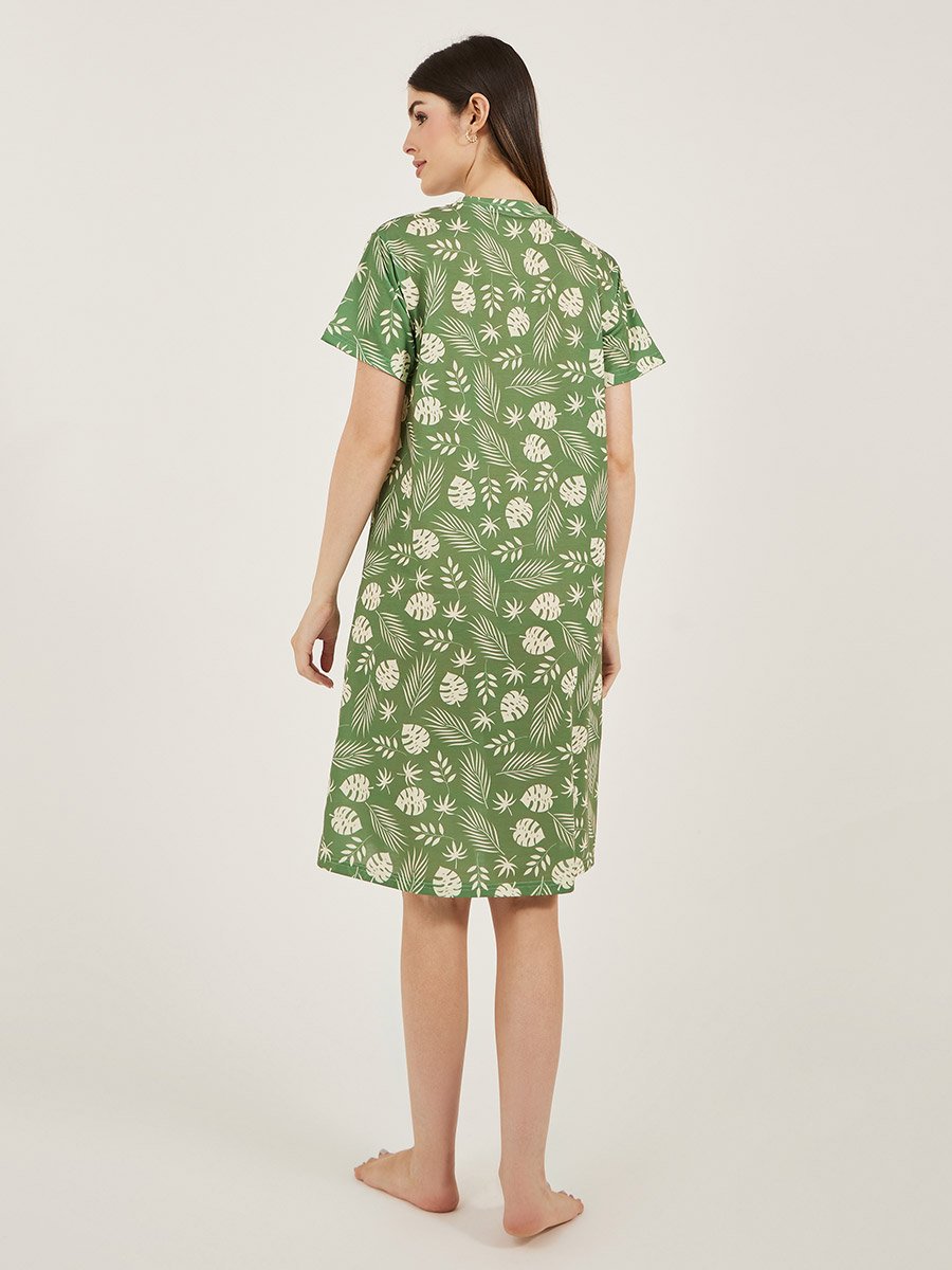 Leaf Printed Dropped Shoulder Sleep T-Shirt