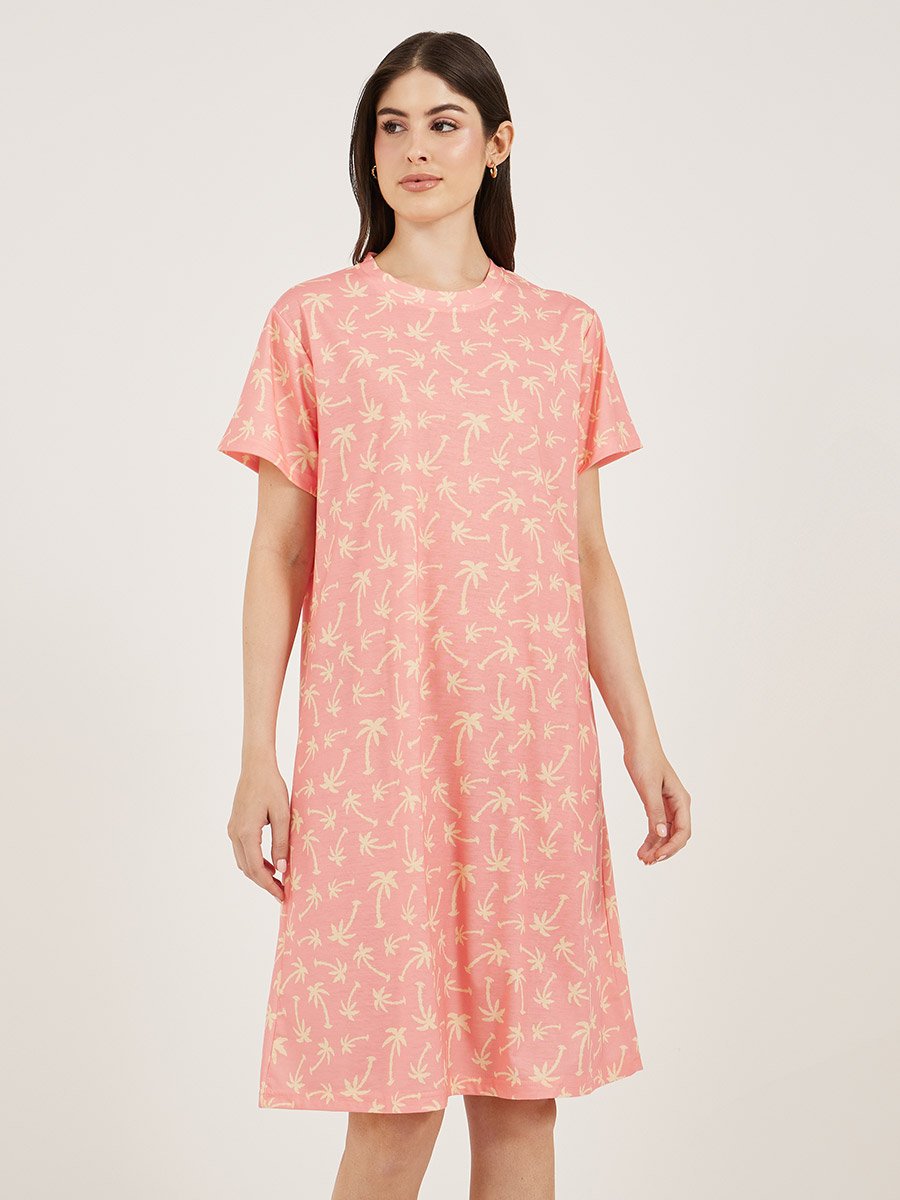 All-Over Palm Tree Print Dropped Shoulder SleepT-Shirt