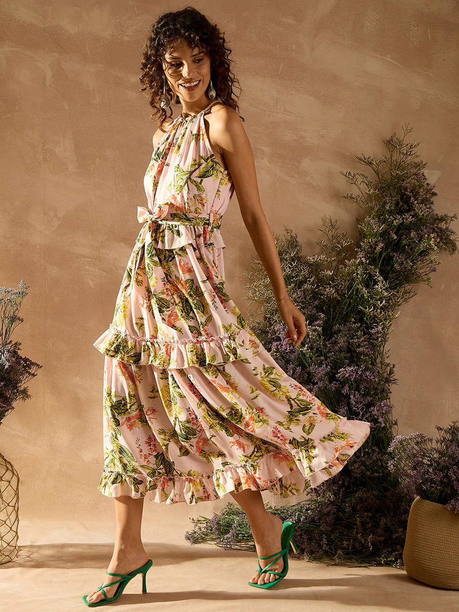 Tropical Print Ruffled A-Line Midi Dress For Women at Saudi | Styli