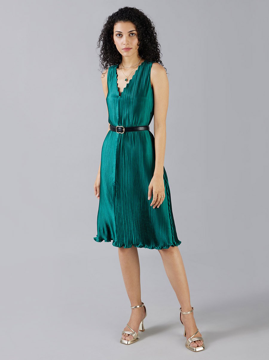 Pleated Midi Dress with V Neck