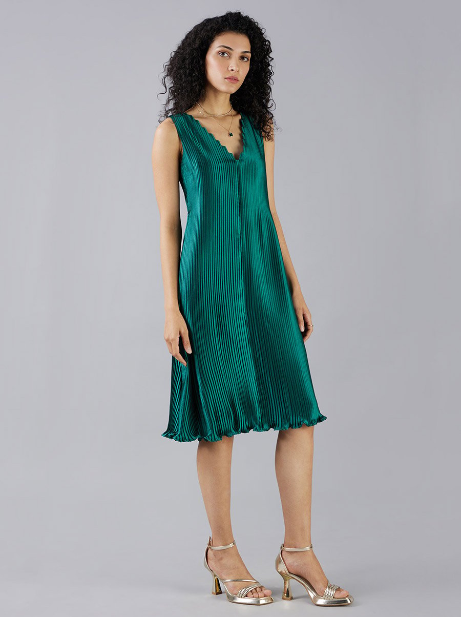 Pleated Midi Dress with V Neck