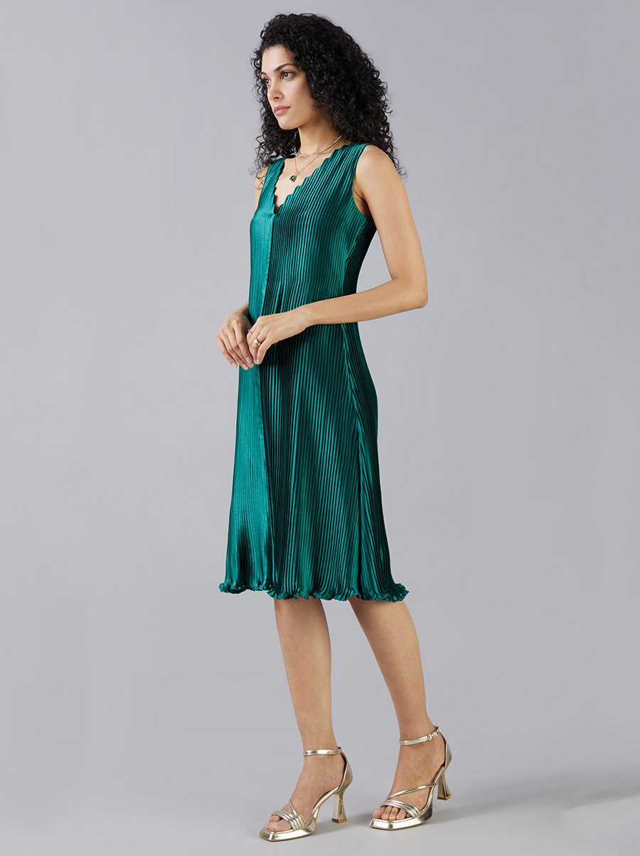 Pleated Midi Dress with V Neck