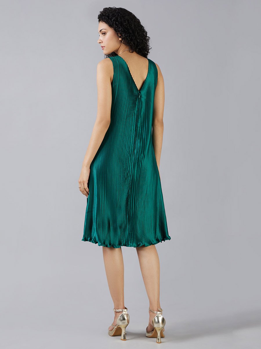 Pleated Midi Dress with V Neck