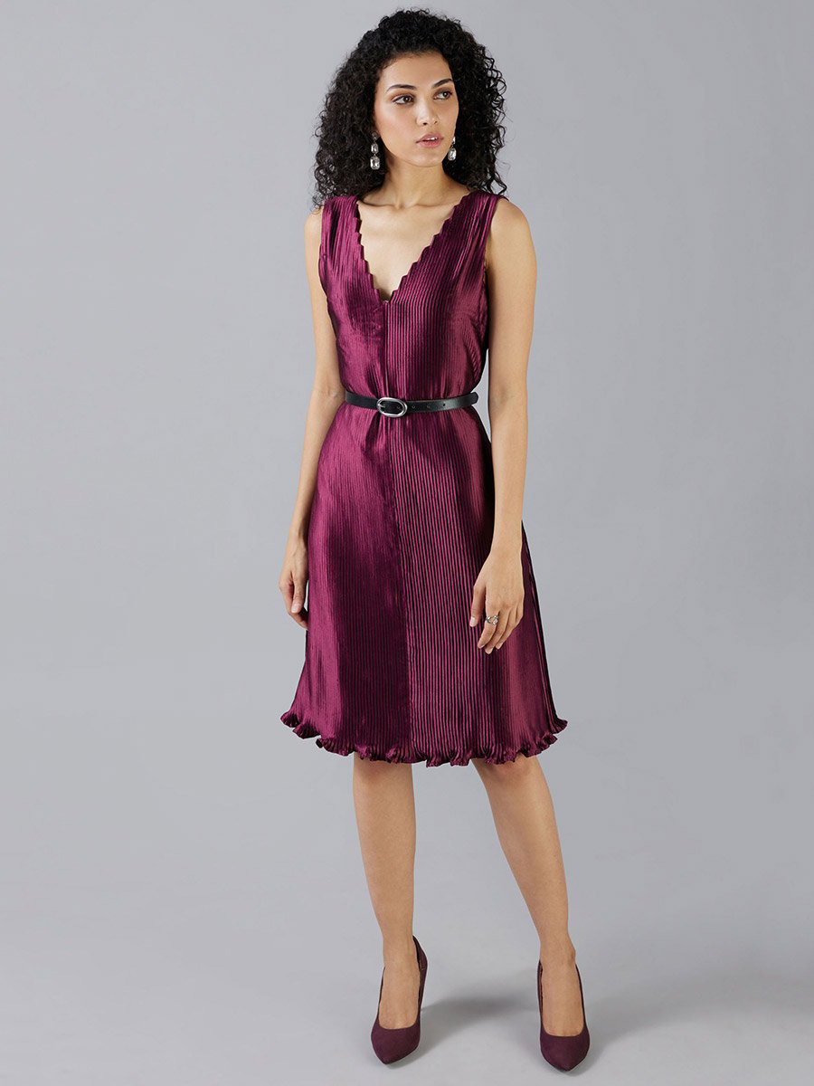 Pleated V Neck A-Line Midi Dress