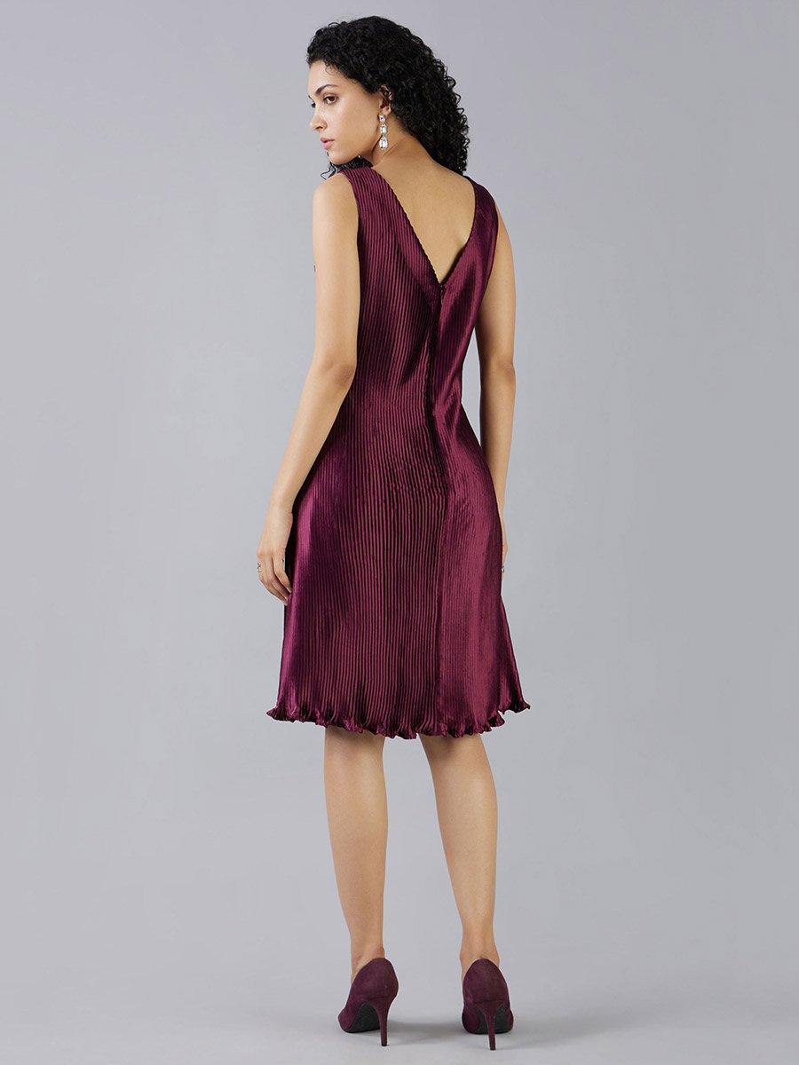 Pleated V Neck A-Line Midi Dress