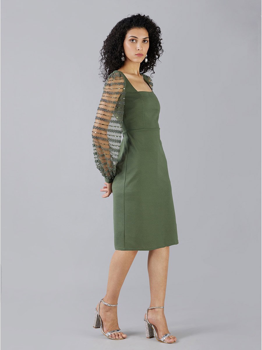 Square Neck Beaded Sleeves Sheath Knee Length Dress