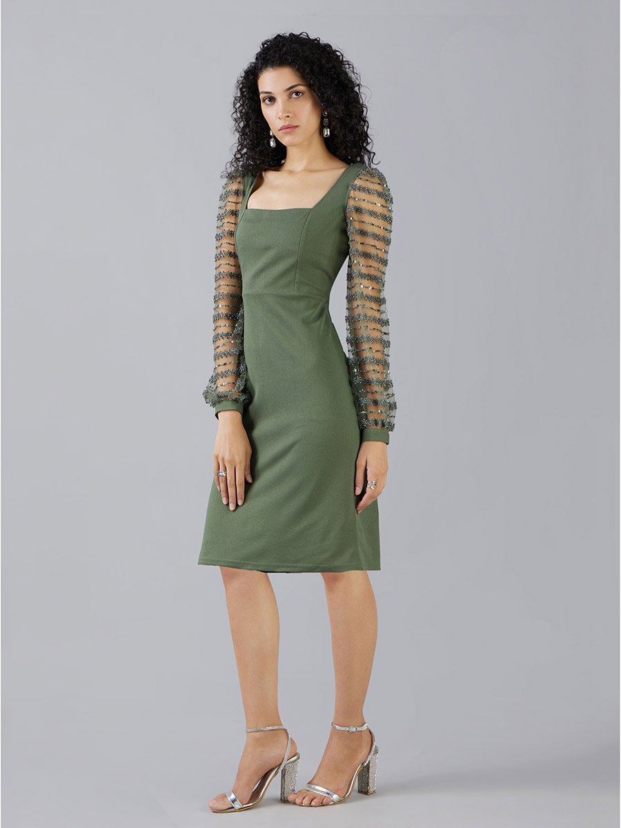 Square Neck Beaded Sleeves Sheath Knee Length Dress