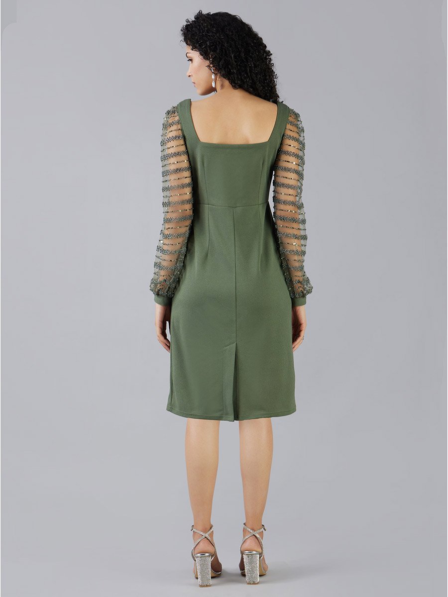 Square Neck Beaded Sleeves Sheath Knee Length Dress