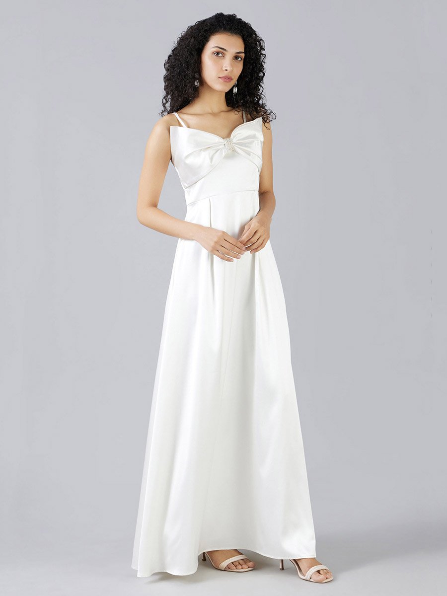 Solid Bow Detail Strappy A-Line Maxi Dress