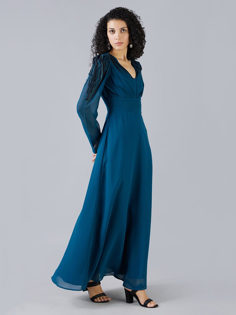 Teal Evening Maxi Dress with Puff Sleeves