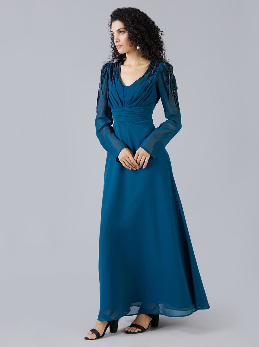 Teal Evening Maxi Dress with Puff Sleeves