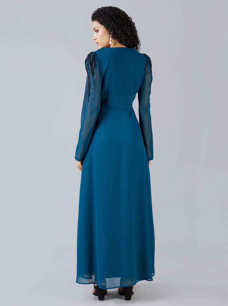 Teal Evening Maxi Dress with Puff Sleeves
