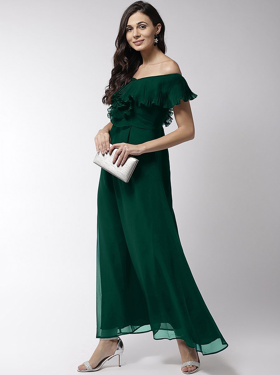 Off Shoulder Neck Ruffle Detail Flared Hem Maxi Dress
