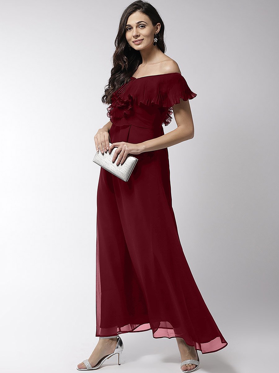 Off Shoulder Neck Ruffle Detail Flared Hem Maxi Dress