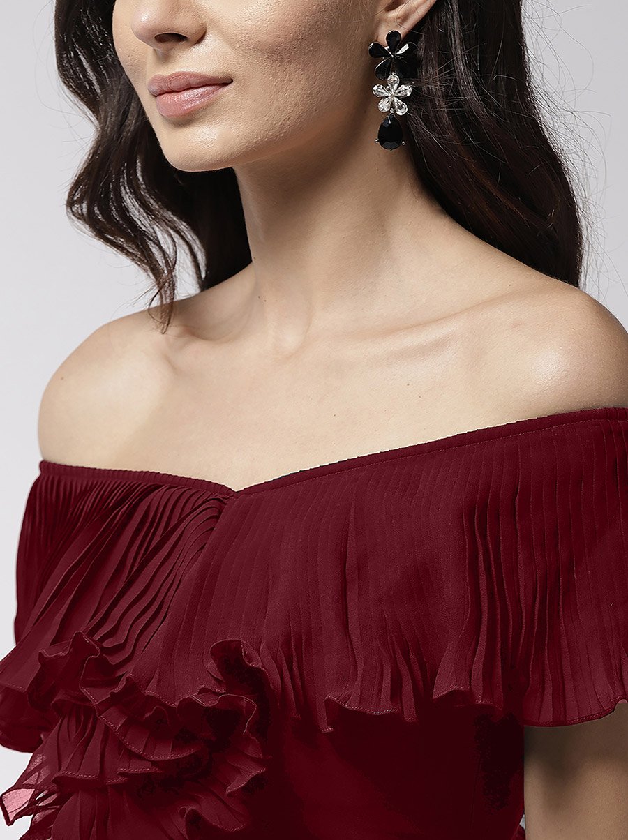 Off Shoulder Neck Ruffle Detail Flared Hem Maxi Dress
