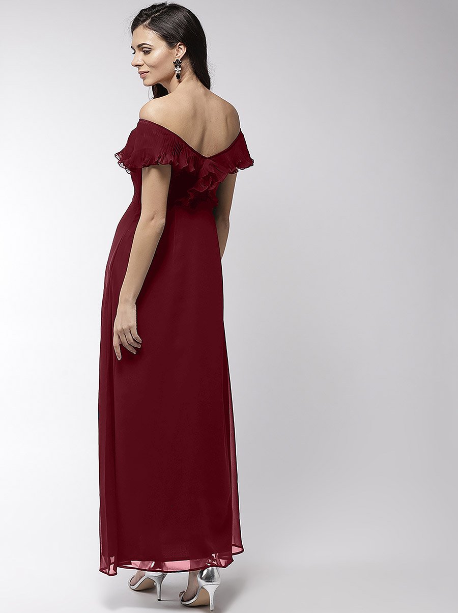 Off Shoulder Neck Ruffle Detail Flared Hem Maxi Dress