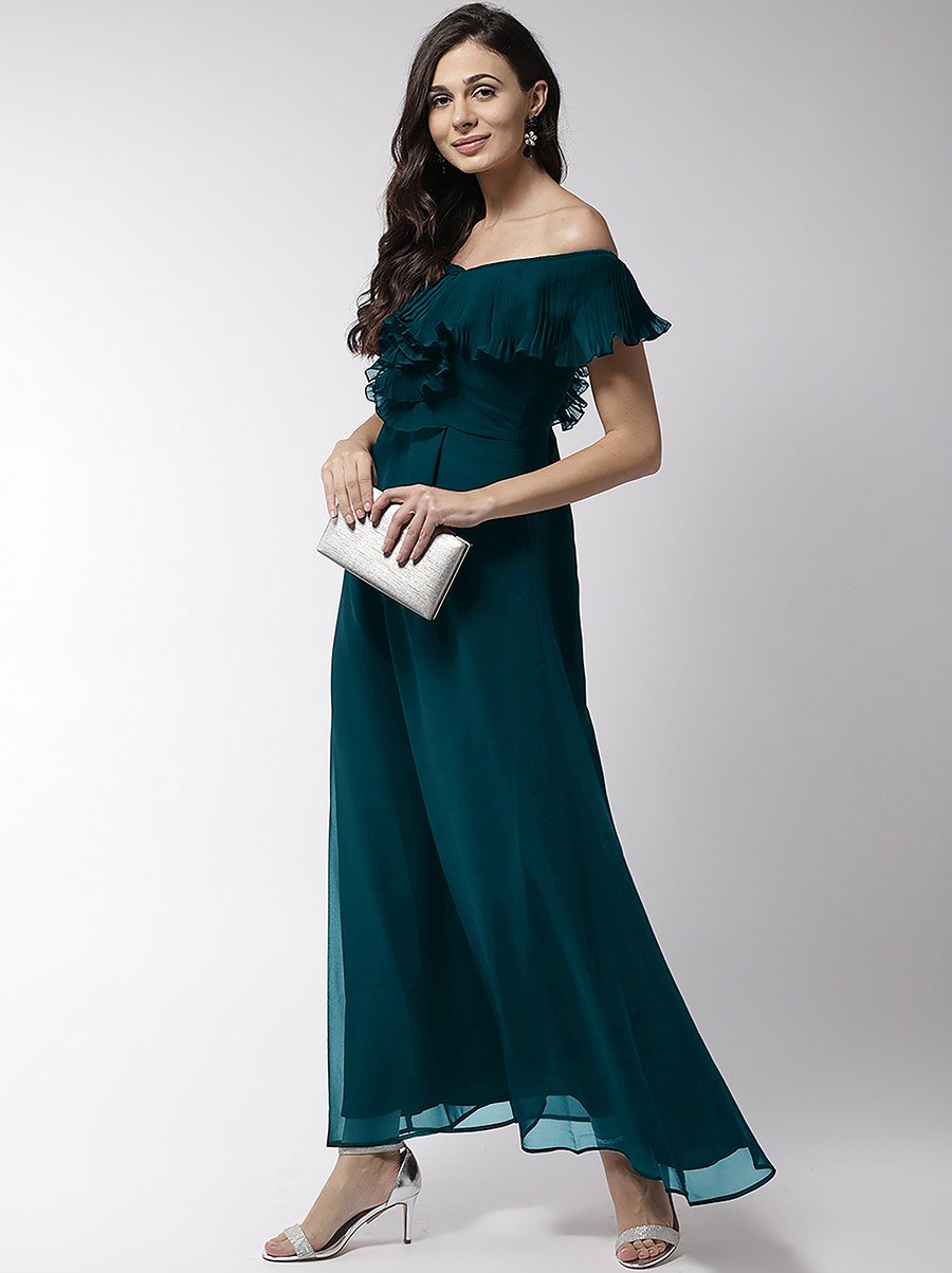 Off Shoulder Neck Ruffle Detail Flared Hem Maxi Dress