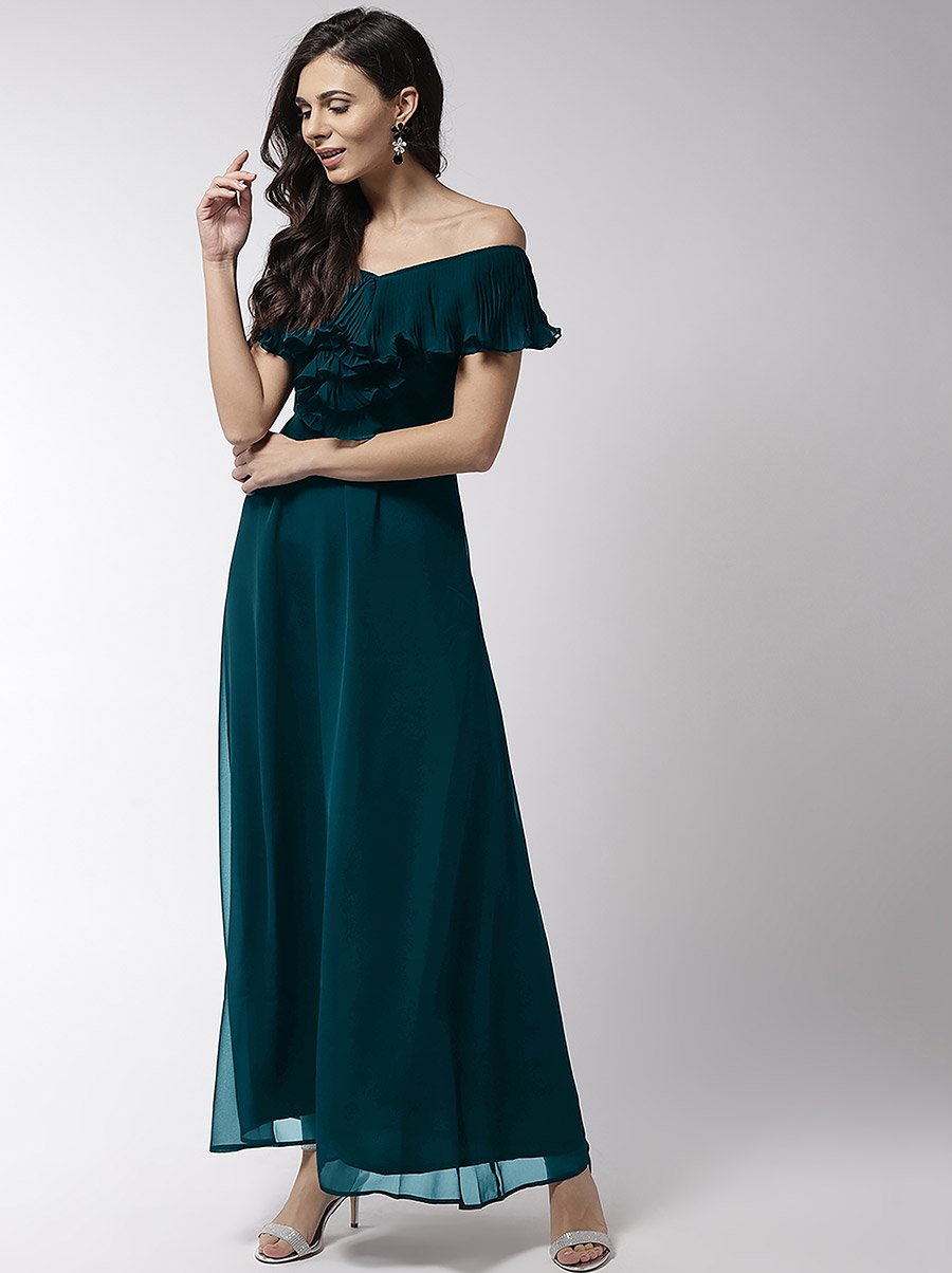 Off Shoulder Neck Ruffle Detail Flared Hem Maxi Dress