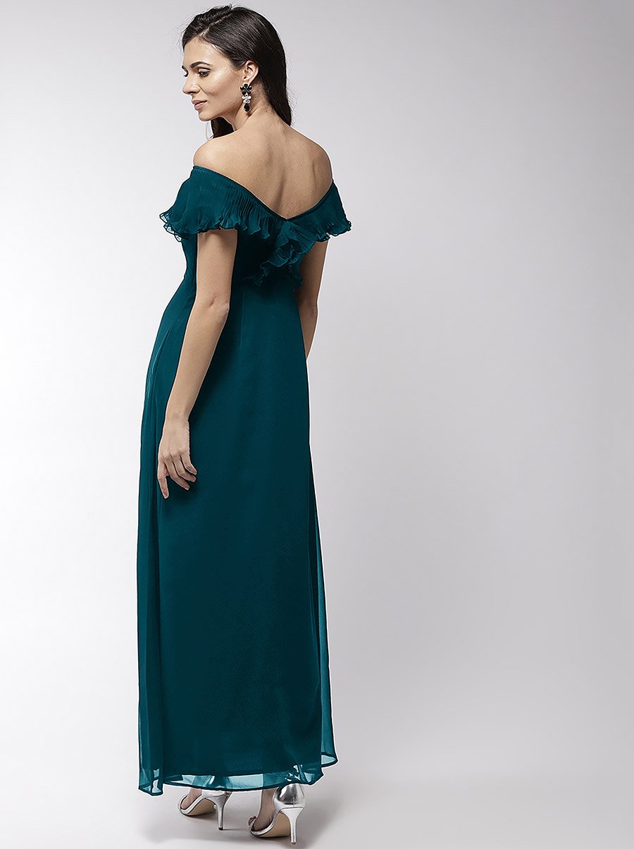 Off Shoulder Neck Ruffle Detail Flared Hem Maxi Dress