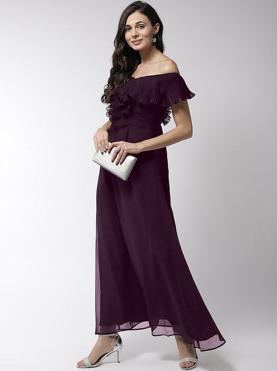 Off Shoulder Neck Ruffle Detail Flared Hem Maxi Dress