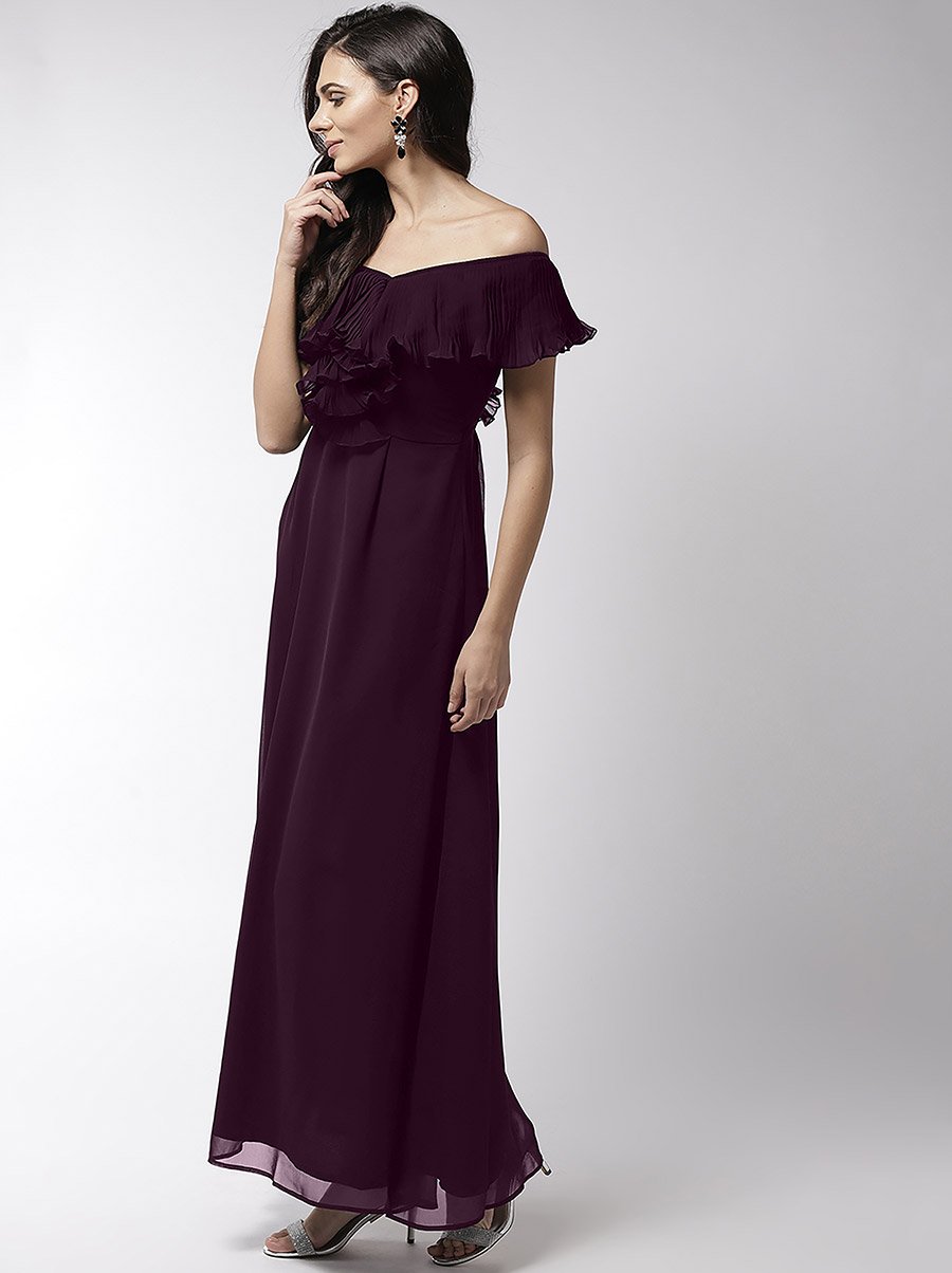 Off Shoulder Neck Ruffle Detail Flared Hem Maxi Dress