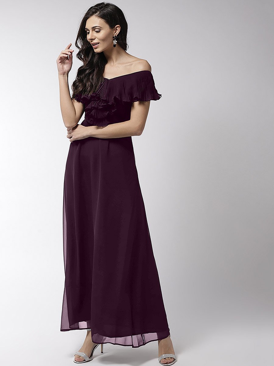 Off Shoulder Neck Ruffle Detail Flared Hem Maxi Dress