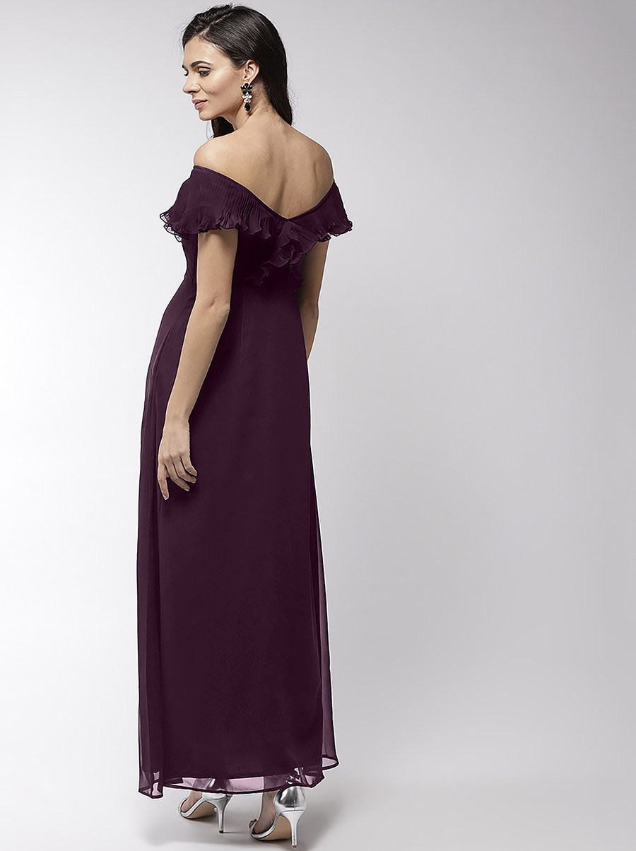 Off Shoulder Neck Ruffle Detail Flared Hem Maxi Dress